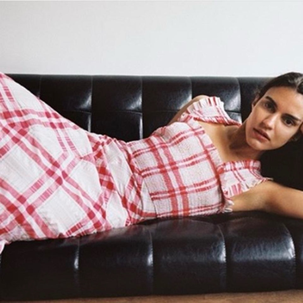 Ganni red and white seersucker check maxi dress
Size 36